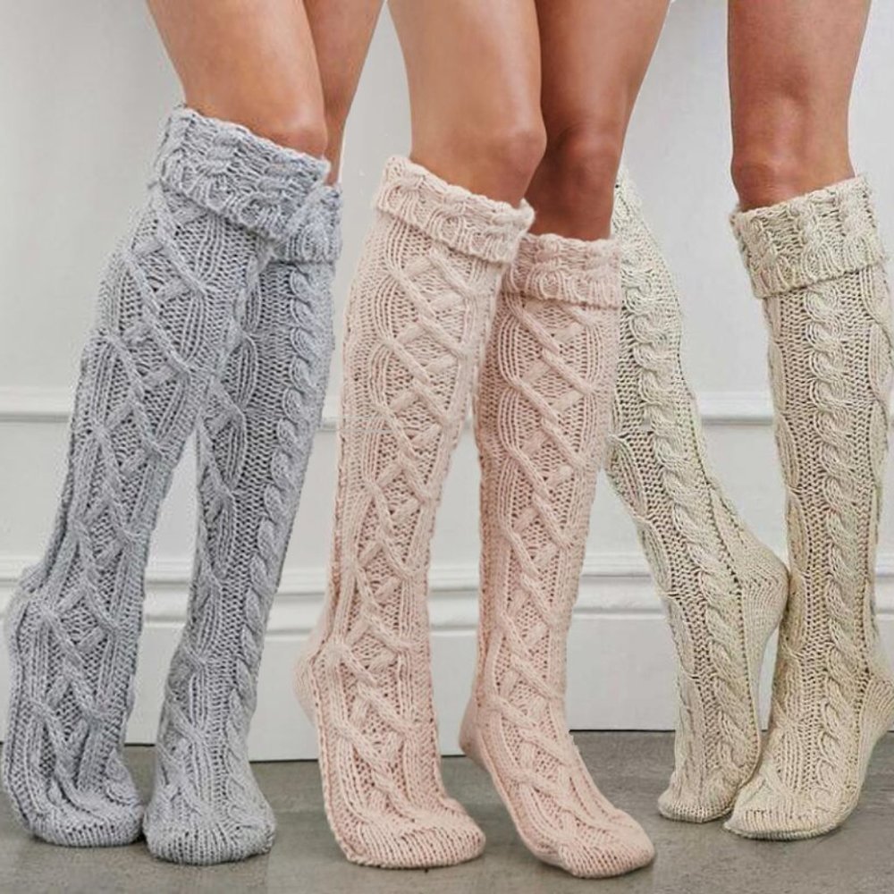 Knee high socks cable knit Cotton Acrylic blend